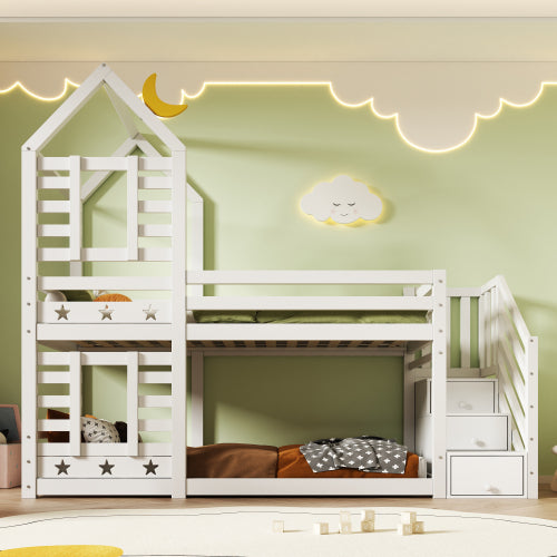 White cabin-style bunk bed with storage, window, and solid pine wood construction for kids, 3ft single bed by eprolo.