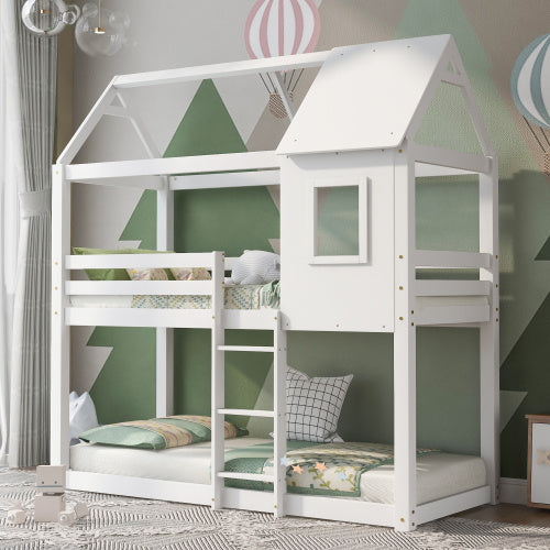 White kids bunk bed twin sleeper made of solid pine wood, cabin style design perfect for children's bedrooms.
