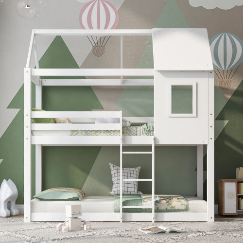 White kids bunk bed twin sleeper made of solid pine wood with cabin-style design, ideal for children's bedrooms.