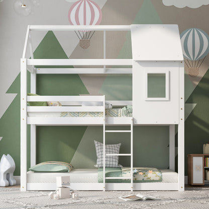 White kids bunk bed twin sleeper made of solid pine wood with cabin-style design, ideal for children's bedrooms.