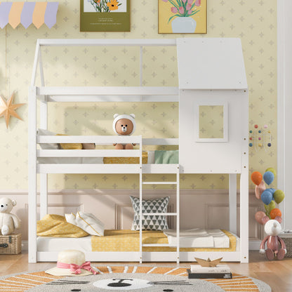 White kids bunk bed twin sleeper made of solid pine wood with cabin-style design, perfect for children's bedrooms.