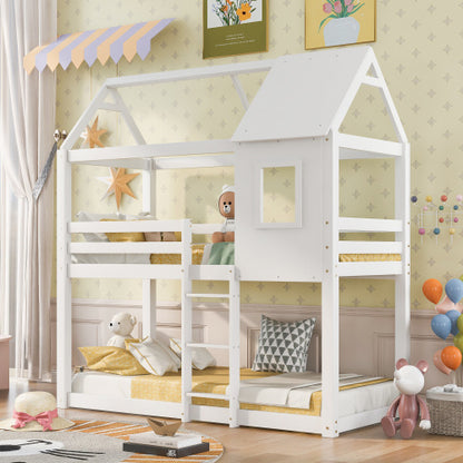 White kids bunk bed twin sleeper made of solid pine wood with a cabin style design, ideal for children's bedroom decor.