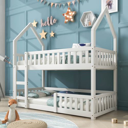 White kids castle bunk bed with ladder, twin sleeper, 90x190cm, by eprolo, featuring a playful castle design and sturdy construction.