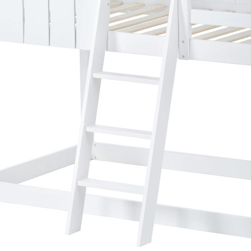 White kids wooden bunk bed with ladder and canopy, mid-sleeper cabin style, by eprolo, featuring a cozy play area underneath.