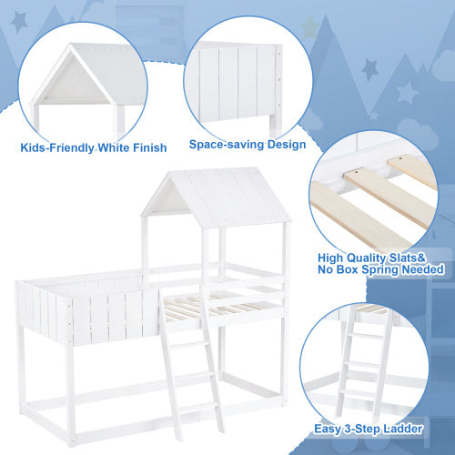 White wooden kids bunk bed with ladder and canopy, featuring a mid-sleeper cabin design by eprolo.