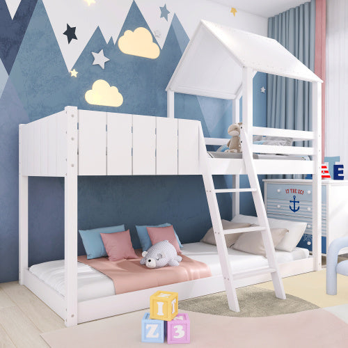 White wooden kids bunk bed with ladder and canopy, featuring a mid-sleeper cabin design from eprolo.