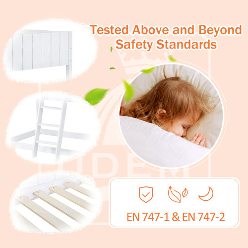 White kids wooden bunk bed with ladder and canopy, mid-sleeper cabin bed by eprolo, featuring a sturdy frame and cozy canopy.