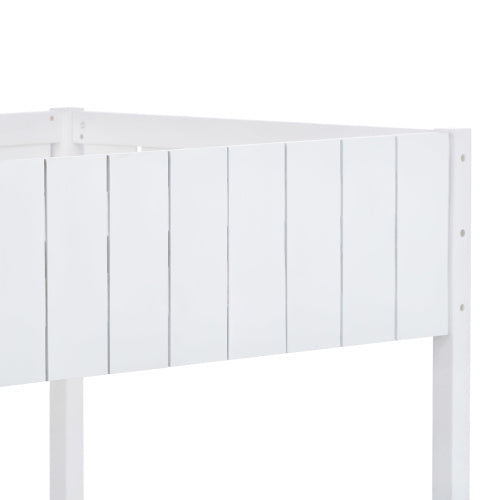 White wooden kids bunk bed with ladder and canopy, mid-sleeper cabin design by eprolo, featuring a cozy and functional play space.