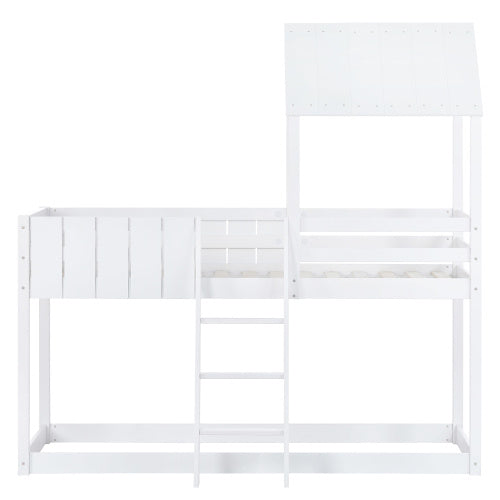 White kids wooden bunk bed with ladder and canopy, featuring a mid-sleeper cabin design by eprolo, ideal for children's bedrooms.
