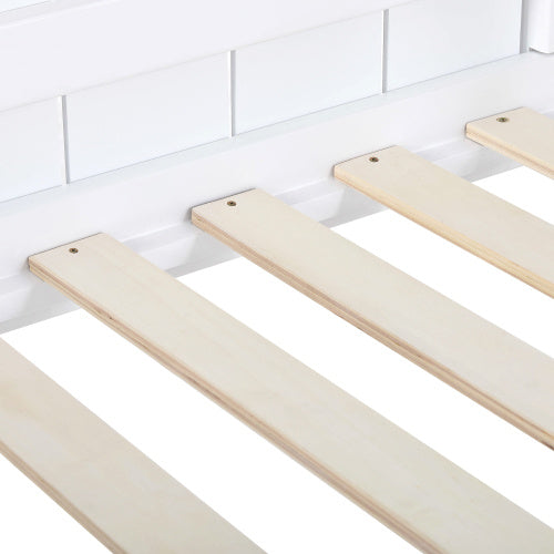 White kids wooden bunk bed with ladder and canopy, versatile mid-sleeper cabin bed by eprolo, ideal for children's bedrooms.