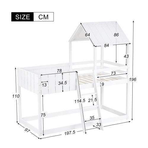 White kids wooden bunk bed with ladder and canopy, featuring a mid-sleeper cabin design by eprolo.