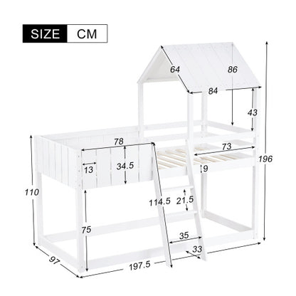 White kids wooden bunk bed with ladder and canopy, featuring a mid-sleeper cabin design by eprolo.