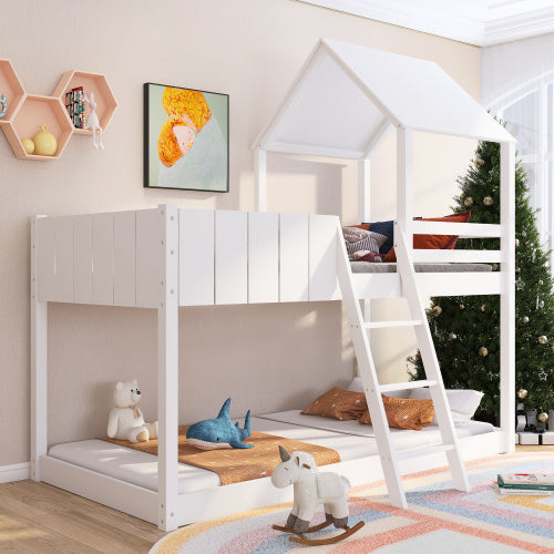 White kids wooden bunk bed with ladder and canopy, designed as a mid-sleeper cabin bed by eprolo, ideal for children's bedrooms.