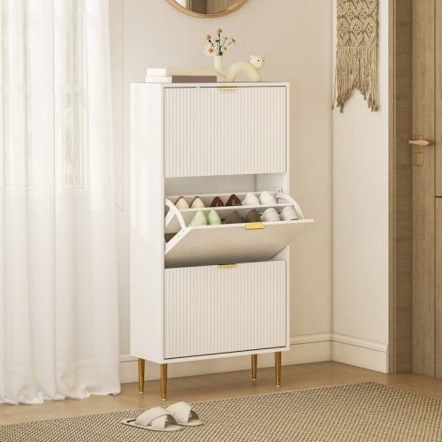 White narrow shoe cabinet with three flip drawers by eprolo, compact storage solution for organizing footwear.
