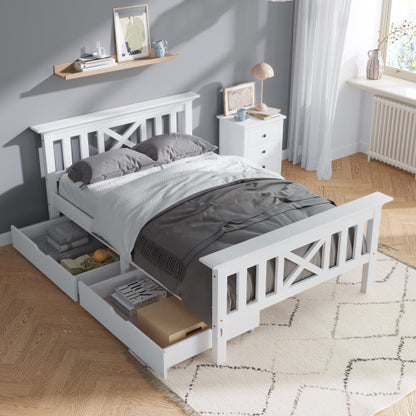 White wooden single bed frame with built-in drawers, solid pine construction, 3ft size, ideal for storage and bedroom furniture.