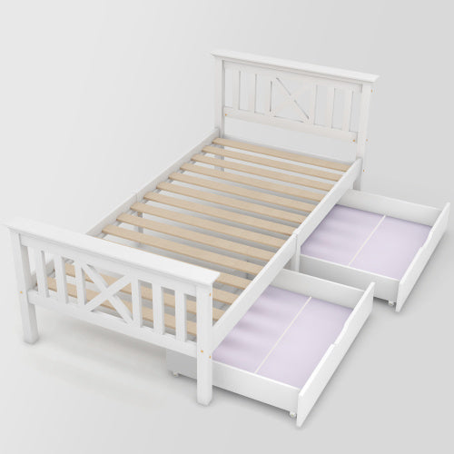 White wooden single bed frame with built-in drawers made of solid pine, ideal for storage, 3ft size by eprolo.