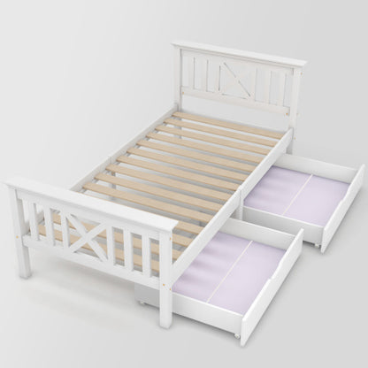 White wooden single bed frame with built-in drawers made of solid pine, ideal for storage, 3ft size by eprolo.