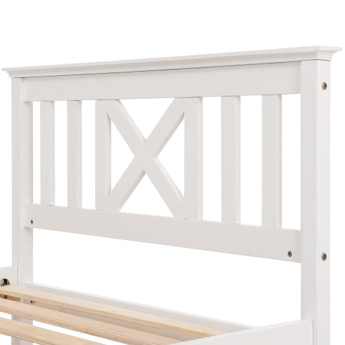 White wooden single bed frame with built-in drawers made of solid pine, ideal for storage and bedroom organization.