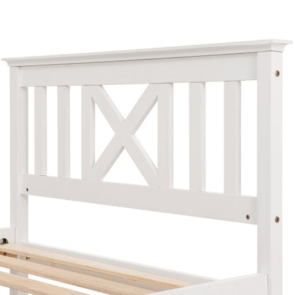 White wooden single bed frame with built-in drawers made of solid pine, ideal for storage and bedroom organization.