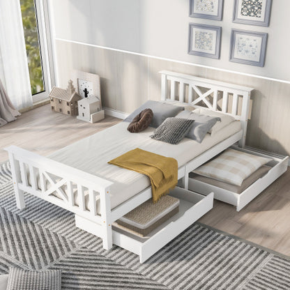 White solid pine single wooden bed frame with built-in drawers, 3ft storage bed by eprolo.