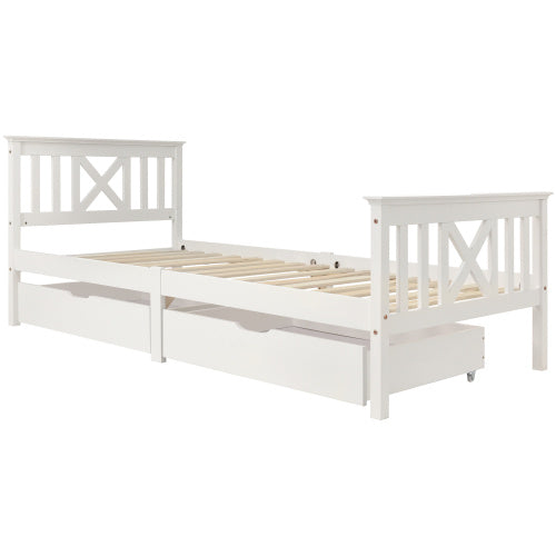 White single wooden bed frame with built-in drawers, made of solid pine, 3ft storage bed by eprolo