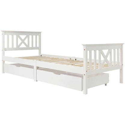 White single wooden bed frame with built-in drawers, made of solid pine, 3ft storage bed by eprolo