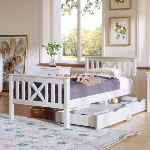White wooden single bed frame with built-in drawers, made of solid pine, ideal for 3ft storage and bedroom organization.