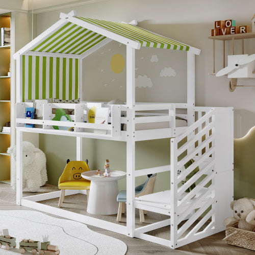 White and green kids bunk bed with corner staircase and canopy by eprolo, showing the bed frame, staircase, and canopy in a cozy room setting.
