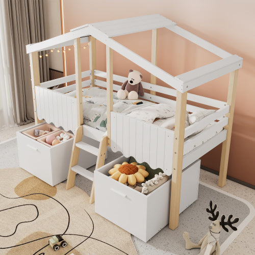 Kids wooden storage bed with roof design and guardrail in white and natural finish, by eprolo.