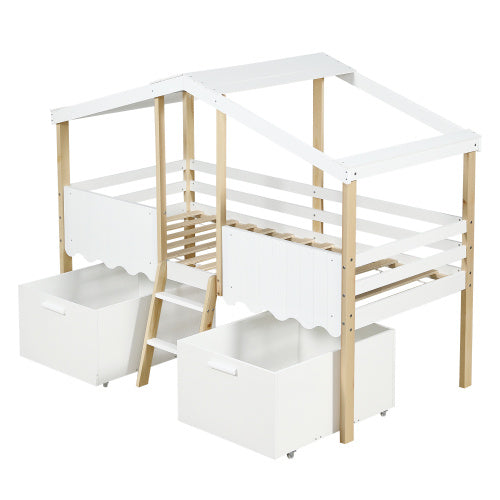 Kids wooden storage bed with roof design and guardrail in white and natural finish, by eprolo, showcasing the bed's roof and storage features.