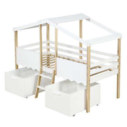Kids wooden storage bed with roof design and guardrail in white and natural finish, by eprolo, showcasing the bed's roof and storage features.