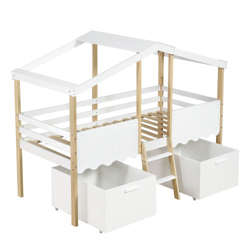 Kids wooden storage bed with roof design and guardrail in white and natural finish, by eprolo.