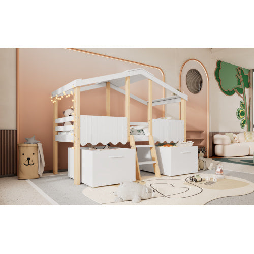 Kids wooden storage bed with roof design and guardrail in white and natural finish, featuring ample storage space.
