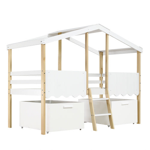 Kids wooden storage bed with roof design and guardrail in white and natural wood finish, by eprolo.