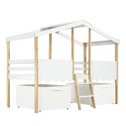 Kids wooden storage bed with roof design and guardrail in white and natural wood finish, by eprolo.