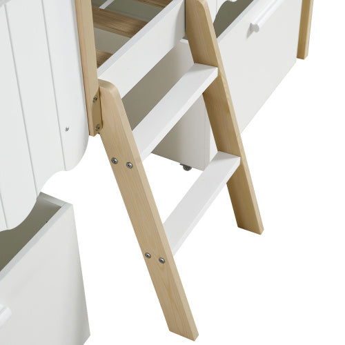 Kids wooden storage bed with roof design and guardrail in white and natural wood finish by eprolo.