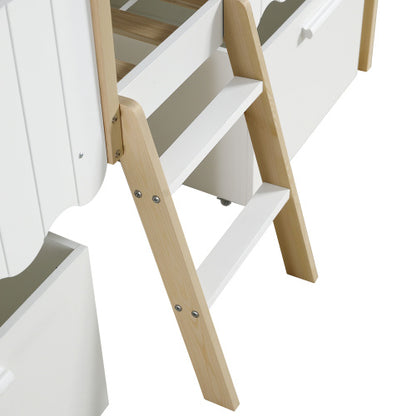 Kids wooden storage bed with roof design and guardrail in white and natural wood finish by eprolo.