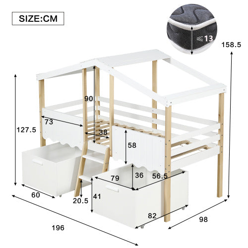 Kids wooden storage bed with roof design and guardrail in white and natural wood finish, by eprolo.
