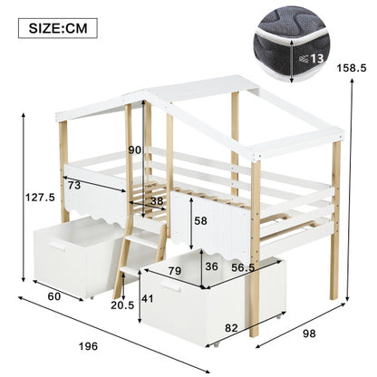 Kids wooden storage bed with roof design and guardrail in white and natural wood finish, by eprolo.