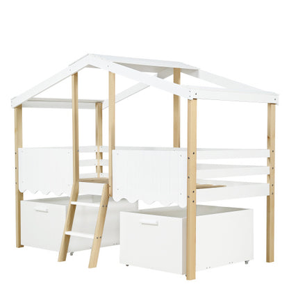 Kids wooden storage bed with roof design and guardrail in white and natural finish by eprolo, featuring built-in storage and safety rails.
