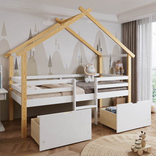 Kids wooden bed with roof design and storage drawers in white and natural finish, by eprolo, ideal for a cozy children's bedroom.