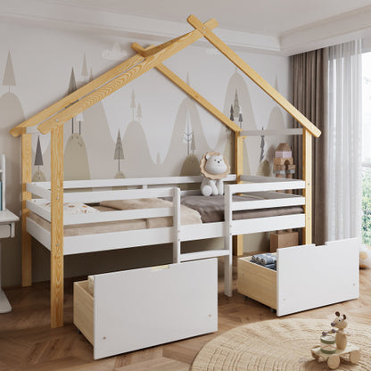 Kids wooden bed with roof design and storage drawers in white and natural finish, by eprolo, ideal for a cozy children's bedroom.