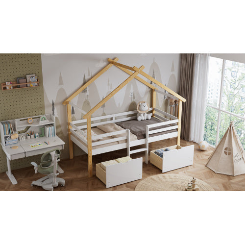 Kids wooden bed with roof design and storage drawers in white and natural finish, by eprolo, perfect for children's bedroom decor.