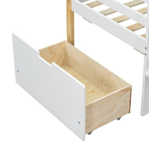 White and natural wooden kids bed with roof design and built-in storage drawers, featuring a charming and functional style.