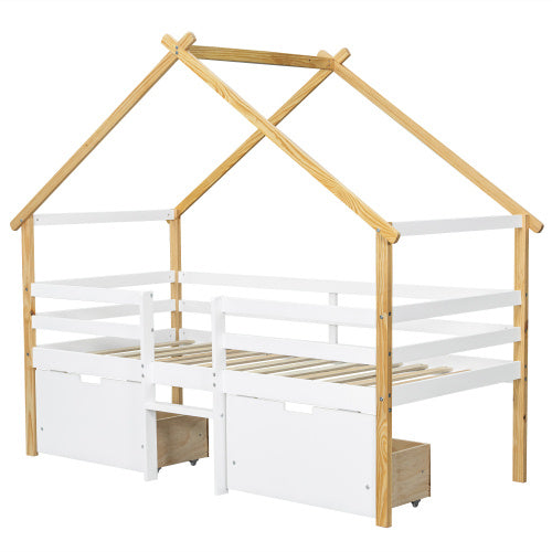 Kids wooden bed with roof design and storage drawers in white and natural finish, featuring a sturdy frame and playful style.