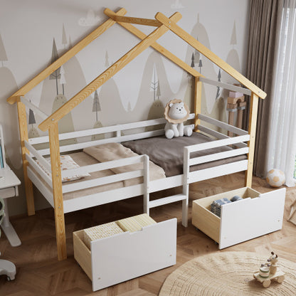 Kids wooden bed with roof design and storage drawers in white and natural finish, crafted by eprolo.