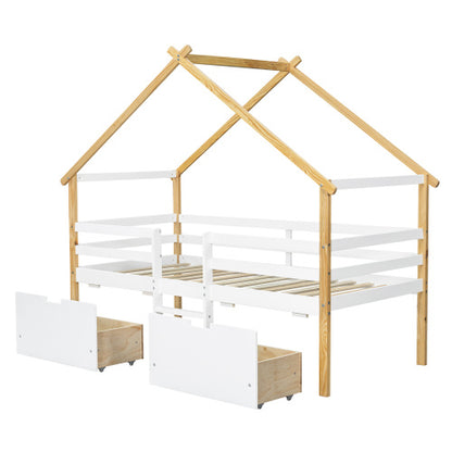Kids wooden bed with roof design and storage drawers in white and natural finish, featuring a playful and functional design.