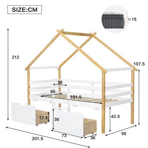 Kids wooden bed with roof design and storage drawers in white and natural finish, featuring a sturdy frame and playful style.
