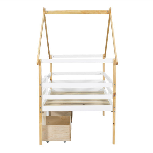 Kids wooden bed with roof design and storage drawers in white and natural finish, featuring a sturdy frame and charming style.