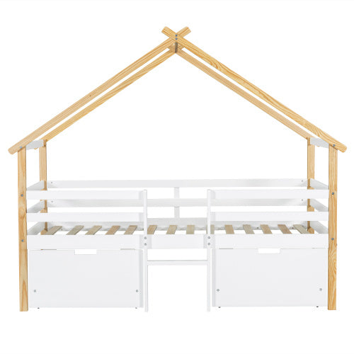 Children's wooden bed with roof design and storage drawers in white and natural finish by eprolo, showcasing the cozy bed frame.